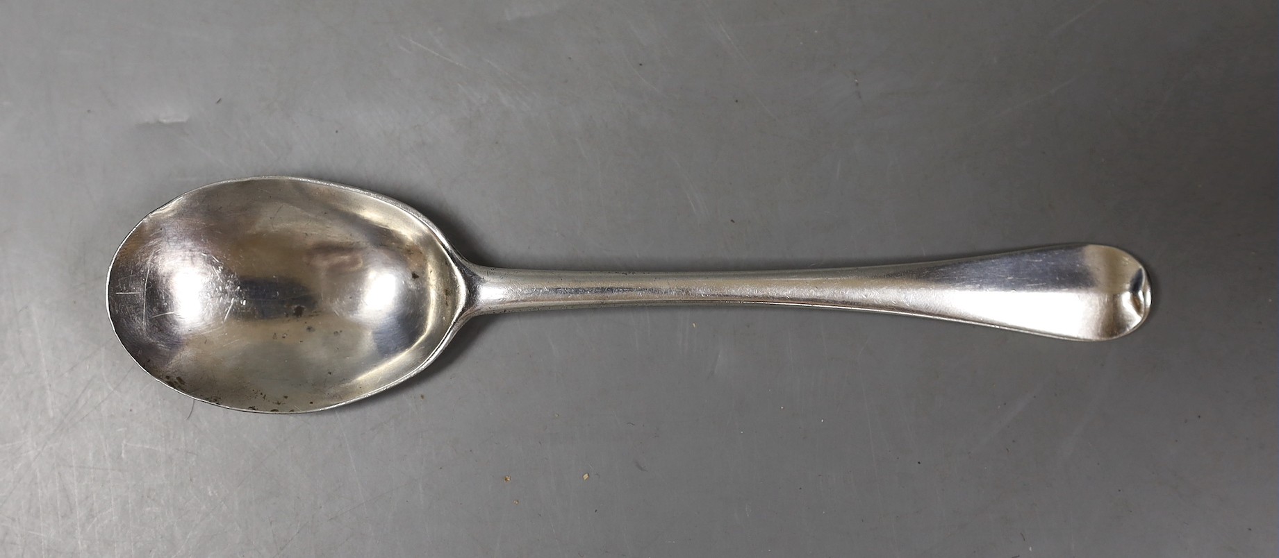 An early 18th century silver Hanoverian rat-tail spoon, indistinct marks, 18.8cm, 47 grams.
